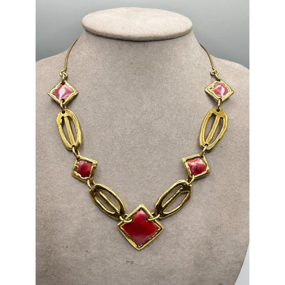 Vintage 70s Brutalist Necklace Handcrafted Brass & Enamel Statement Jewelry - Picture 4 of 6